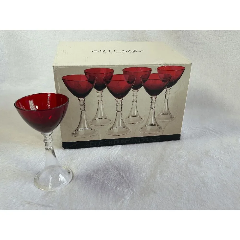 Artland Set of Six 2-ounce Cordial Glasses, Ruby Red w/ Clear Stems, In Box